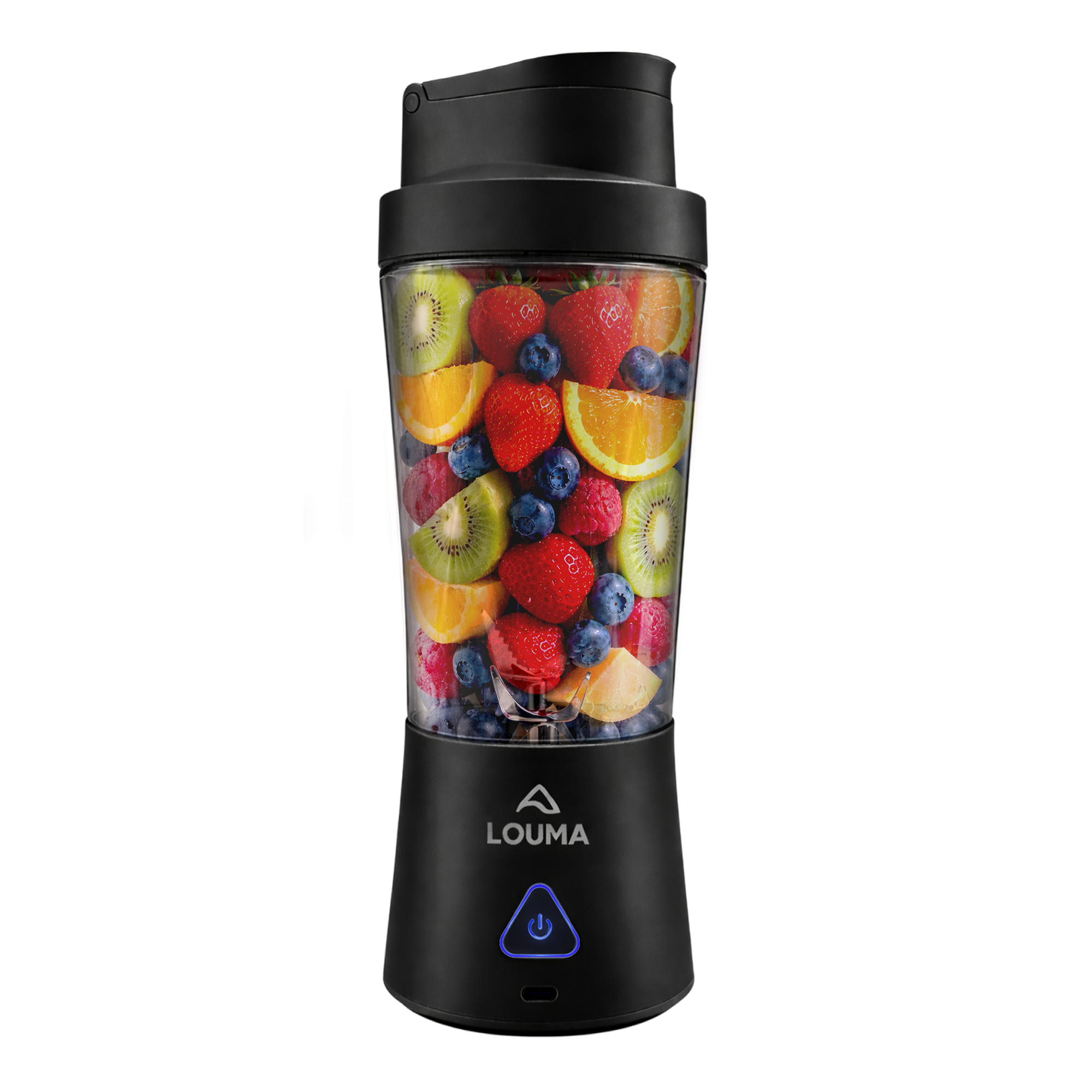 Blender portable noir Louma rempli de fruits frais, sur fond clair.
