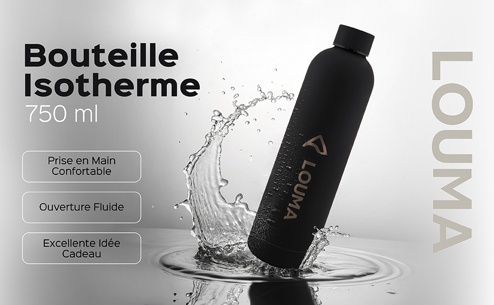 Bouteille isotherme noire Louma 750 ml avec éclaboussure d’eau, sur fond clair.