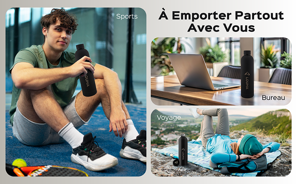 Montage en trois panneaux montrant la gourde Louma utilisée pour le sport, le bureau et le voyage.