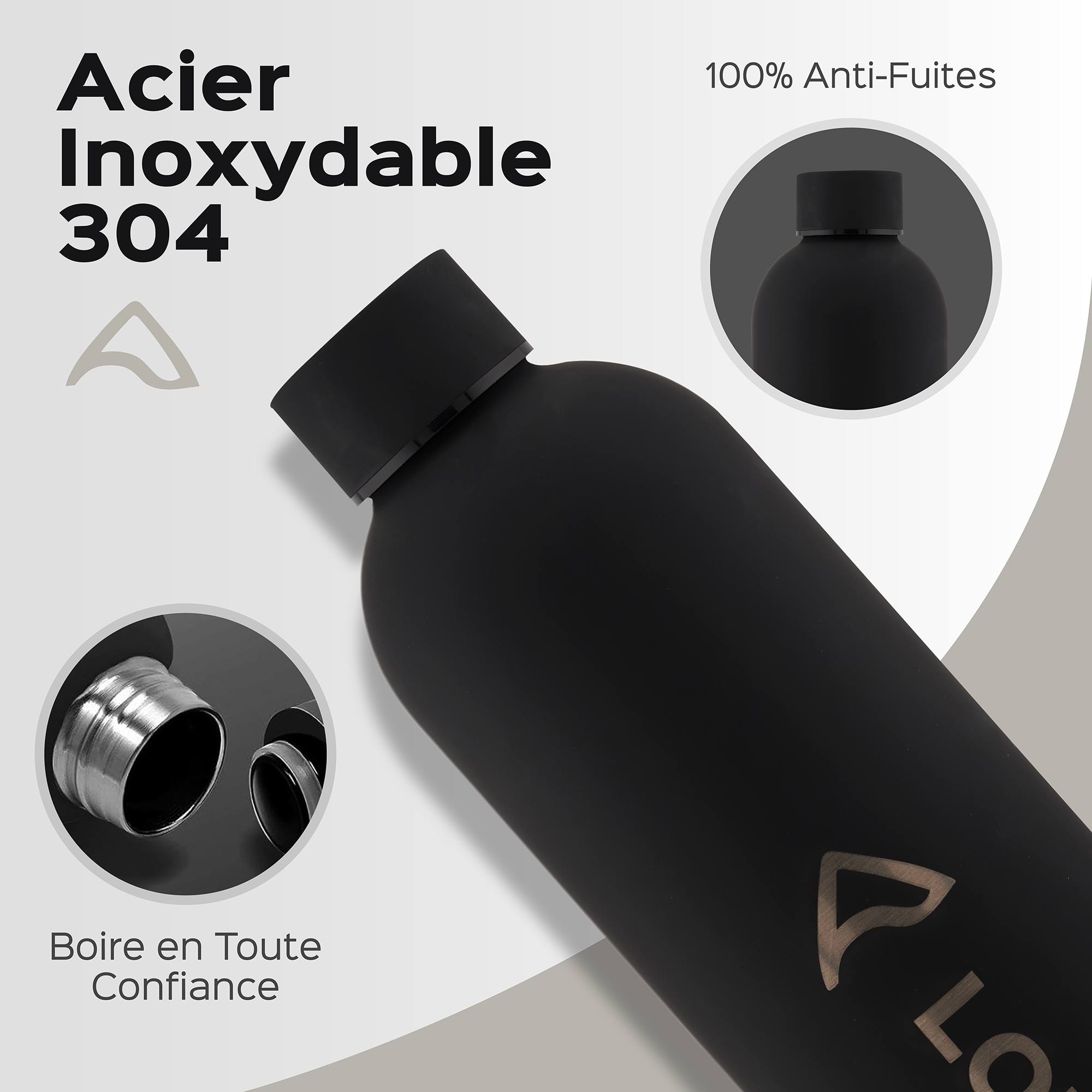 Gros plan sur la gourde Louma et son détail de filetage en acier inoxydable 304.