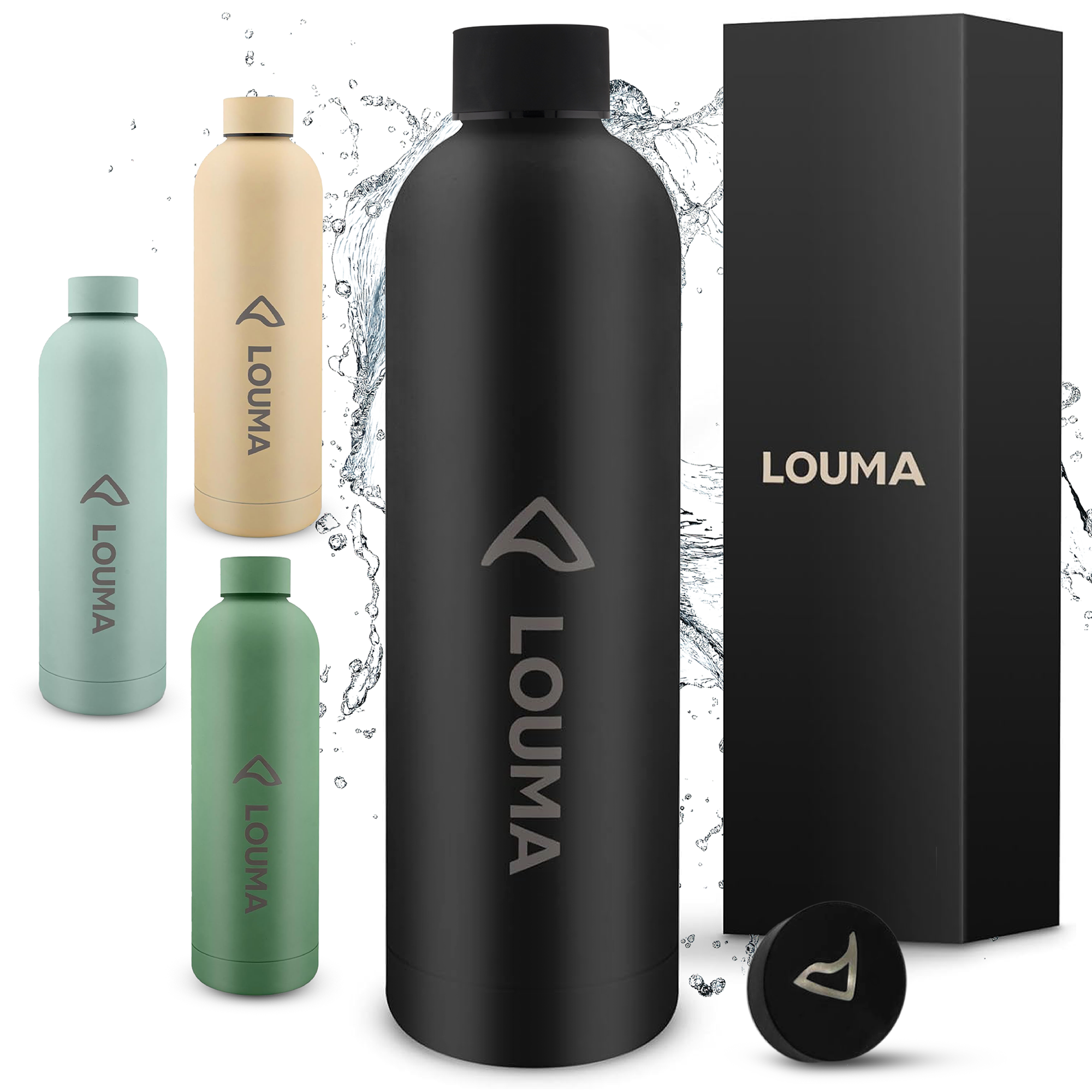 Collection de gourdes Louma : variantes noir, beige et vert, présentées avec coffret noir.