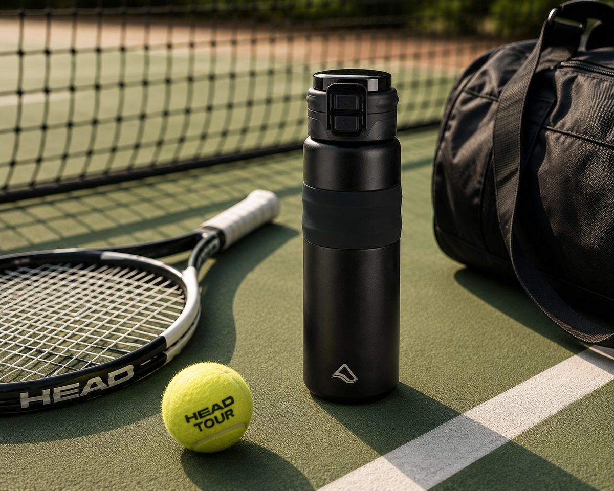 Gourde Louma Le Rituel sur un court de tennis, raquette et balle à côté.