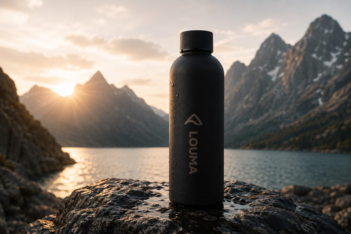 Gourde Louma noire posée sur un rocher devant un lac de montagne au coucher du soleil.