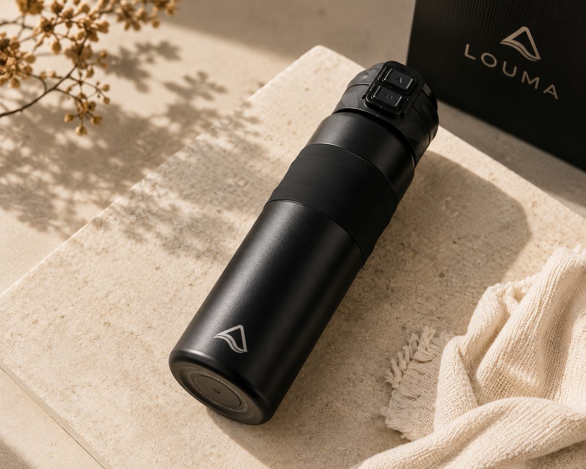 Gourde Louma et son coffret noir estampillé Louma, dans une lumière douce.