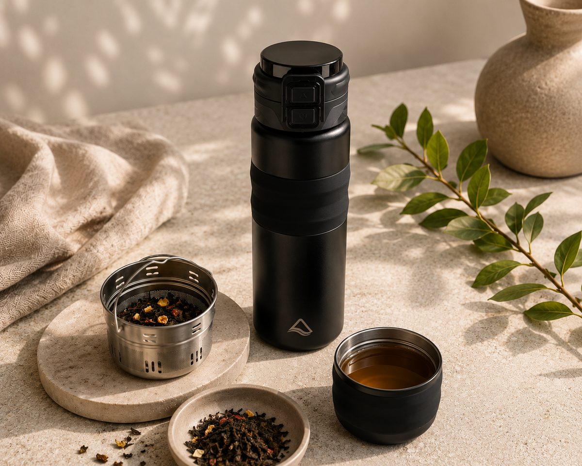 Gourde Louma Le Rituel avec panier infuseur, thé en vrac et tasse servie.
