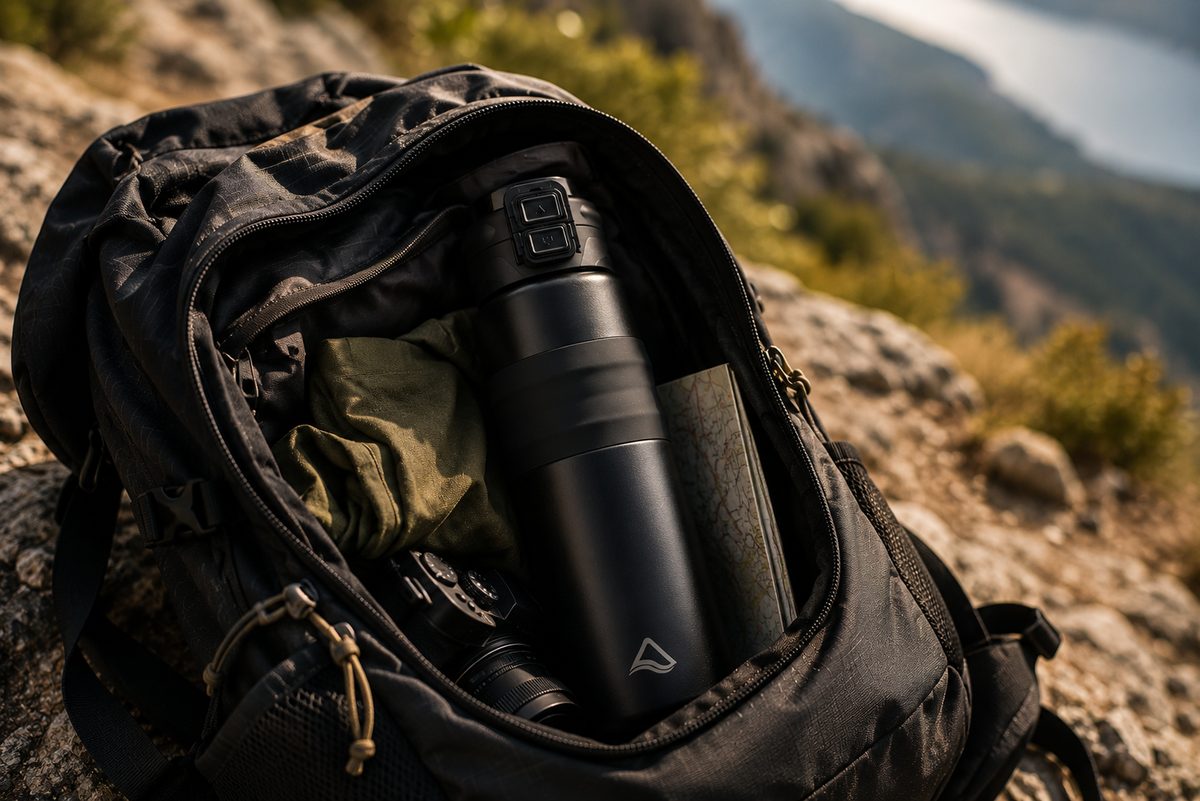 Gourde Louma Le Rituel dans un sac de randonnée ouvert en montagne.