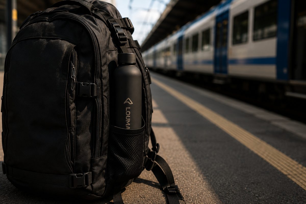 Gourde Louma 304 dans le filet d'un sac à dos noir sur un quai de gare.